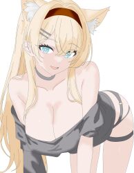 1girl :d animal_ear_fluff animal_ears arknights bare_shoulders bent_over black_shirt blonde_hair blue_eyes breasts bright_pupils brown_hairband chinese_commentary choker cleavage commentary_request eyes_visible_through_hair grey_choker hair_between_eyes hair_ornament hairband hairclip highres horn_(arknights) large_breasts long_hair looking_at_viewer off_shoulder open_mouth partial_commentary shirt short_sleeves simple_background smile solo thigh_strap unfinished white_background white_pupils yunlaibuxuhuaxieliantu