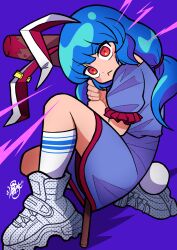 Rule 34 | 1girl, :&lt;, absurdres, animal ears, blue background, blue dress, blue hair, blush, dress, highres, kine, leaf st, long hair, looking at viewer, mallet, rabbit ears, rabbit girl, rabbit tail, red eyes, seiran (touhou), solo, tail, touhou