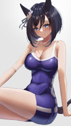 Rule 34 | 1girl, absurdres, animal ears, arm support, bare arms, bare legs, bare shoulders, black hair, blue eyes, blue one-piece swimsuit, blush, bob cut, bow, breasts, cleavage, closed mouth, collarbone, covered navel, ear ribbon, eishin flash (umamusume), gradient background, hair between eyes, highres, horse ears, horse girl, horse tail, katagirinanoka, large breasts, looking at viewer, medium hair, one-piece swimsuit, simple background, sitting, smile, solo, swept bangs, swimsuit, tail, taut clothes, taut swimsuit, thighs, umamusume