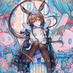 Rule 34 | 1girl, 2020, amiya (arknights), arknights, birthday, blue eyes, brown hair, character name, coat, floating hair, flower, head tilt, jewelry, looking at viewer, mizupein, nail polish, neckwear request, pantyhose, pastel colors, rabbit girl, ring, rose, sample watermark, sitting, smile, solo, star (symbol), striped, striped background, stuffed toy, watermark
