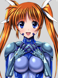Rule 34 | 1girl, :d, armor, blue eyes, blush, bodysuit, breasts, brown hair, cosplay, facial mark, gauntlets, grey background, hair ribbon, hands on own chest, latex, long hair, looking at viewer, lyrical nanoha, mahou shoujo lyrical nanoha, mahou shoujo lyrical nanoha strikers, numbers (nanoha), numbers (nanoha) (cosplay), open mouth, orange hair, parted bangs, pauldrons, purple eyes, red hair, ribbon, sen (sansui), shoulder armor, sidelocks, signature, simple background, skin tight, smile, solo, takamachi nanoha, twintails, upper body