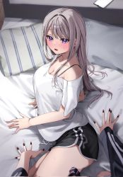 Rule 34 | 2girls, black nails, black shorts, blue eyes, blush, breasts, chigusa minori, cleavage, commentary request, corrupted twitter file, female pov, grey hair, gym uniform, highres, large breasts, long hair, looking at viewer, multiple girls, nail polish, parted lips, pillow, pov, saotome shino (shino to ren), shino to ren, shirayuki ren, shirt, short sleeves, shorts, solo focus, white shirt