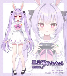 Rule 34 | + +, 1girl, animal ears, black bow, black footwear, blush, bow, chestnut mouth, closed mouth, commentary request, controller, copyright request, dress, game controller, hair bow, holding, holding controller, korean commentary, korean text, long hair, long sleeves, mauve, multiple views, parted lips, pink bow, puffy long sleeves, puffy sleeves, purple background, purple hair, rabbit ears, red eyes, sailor collar, sailor dress, shoes, sleeves past wrists, smile, twintails, twitter username, two-tone background, very long hair, virtual youtuber, white background, white dress, white sailor collar