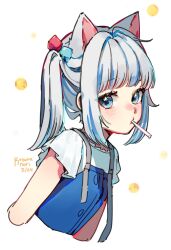 Rule 34 | 1girl, animal ears, artist name, blue eyes, blue hair, blush, cat ears, cat girl, commentary, cropped torso, cube hair ornament, dated, gawr gura, gawr gura (casual), hair ornament, hololive, hololive english, kobutanori, looking at viewer, mouth hold, multicolored hair, overalls, short sleeves, side ponytail, solo, streaked hair, upper body, virtual youtuber, white background, white hair