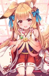 Rule 34 | 1girl, :d, animal ear fluff, animal ears, blue bow, bow, brown hair, commentary request, detached sleeves, ear down, feet out of frame, fox ears, fox girl, fox tail, hair bow, highres, japanese clothes, kimono, long sleeves, looking at viewer, obi, open mouth, original, petals, pleated skirt, red eyes, red skirt, ribbon-trimmed sleeves, ribbon trim, sakura ani, sash, sitting, skirt, sleeveless, sleeveless kimono, smile, solo, tail, unaligned ears, white kimono, white sleeves, wide sleeves, window
