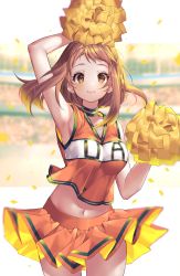 Rule 34 | 10s, 1girl, absurdres, arm over head, arm up, armpits, blurry, blurry background, blush, boku no hero academia, breasts, brown eyes, brown hair, cheerleader, choker, clothes writing, commentary, confetti, crop top, facing viewer, highres, kinty, large breasts, long hair, looking at viewer, midriff, navel, orange shirt, orange skirt, pleated skirt, pom pom (cheerleading), shirt, skirt, sleeveless, sleeveless shirt, smile, solo, thighs, uraraka ochako