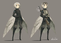 Rule 34 | 1girl, artist name, asterisk kome, battle rifle, bird girl, bird wings, black footwear, black gloves, black jacket, black pants, boots, brown eyes, character sheet, commentary request, feathered wings, fn fal, frown, full body, fur-trimmed boots, fur-trimmed jacket, fur-trimmed sleeves, fur trim, gloves, goggles, goggles on head, grey background, grey eyes, grey hair, gun, hands up, heterochromia, holding, holding weapon, jacket, load bearing vest, long sleeves, looking at viewer, low wings, military, military jacket, military uniform, multicolored hair, original, over shoulder, pants, pouch, rifle, scar, scar on face, standing, streaked hair, twitter username, uniform, v-shaped eyebrows, weapon, wings, zipper, zipper pull tab