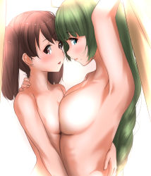 Rule 34 | 2girls, age difference, armpits, asymmetrical docking, blue eyes, blush, braid, breast press, breasts, brown eyes, brown hair, closed mouth, green hair, hair between eyes, highres, kantai collection, large breasts, long hair, mole, mole under mouth, multiple girls, nude, open mouth, ryuujou (kancolle), simple background, small breasts, tama (tamago), twintails, very long hair, white background, yuugumo (kancolle)