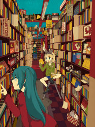 Rule 34 | 1boy, 2girls, 456 (456log), absurdres, aqua eyes, bad id, bad pixiv id, blonde hair, book, box, cat, coca-cola, eating, hair ornament, hair ribbon, hairclip, hatsune miku, headphones, highres, in box, in container, indoors, kagamine len, kagamine rin, long hair, michelin, michelin man, multiple girls, open mouth, perspective, phonograph, ribbon, shop, short hair, shorts, sitting, speaker, turntable, twintails, vocaloid