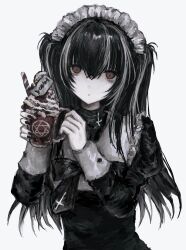 Rule 34 | 1girl, bad id, bad twitter id, black dress, black hair, black nails, chan8016, closed mouth, collared dress, cup, dress, grey background, grey hair, hair between eyes, hands up, hexagram, highres, holding, holding cup, inactive account, juliet sleeves, long hair, long sleeves, looking at viewer, maid headdress, multicolored hair, nail polish, original, puffy sleeves, red eyes, solo, streaked hair, two side up, upper body