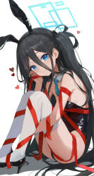 Rule 34 | 1girl, absurdly long hair, absurdres, alternate costume, animal ears, aris (blue archive), ass, black footwear, black hair, black leotard, blue archive, blue eyes, blue halo, blue necktie, blush, breasts, closed mouth, detached collar, fake animal ears, halo, heart, high heels, highres, leotard, long hair, looking at viewer, necktie, playboy bunny, rabbit ears, simple background, small breasts, smile, solo, strapless, strapless leotard, thighhighs, toi1et paper, very long hair, white background, white thighhighs