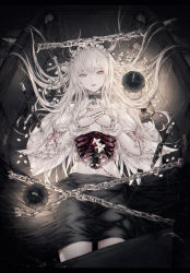 Rule 34 | 1girl, arm garter, bell, neck bell, bone, chain, coffin, collar, colored skin, cross, flower, hair between eyes, highres, knife, lantern, lily (flower), long hair, looking at viewer, lying, nail polish, on back, original, parted lips, petals, red eyes, scar, silk, solo, spider web, wanke, white flower, white hair, white skin