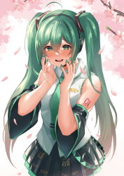 Rule 34 | 1girl, @ @, ahoge, aqua eyes, aqua hair, aqua nails, blush, branch, breasts, cherry blossoms, commentary, detached sleeves, embarrassed, facing viewer, furrowed brow, grey shirt, hair between eyes, hair ornament, hands on own cheeks, hands on own face, hatsune miku, headset, highres, inue ao, long hair, looking down, nail polish, open mouth, petals, shirt, skindentation, skirt, sleeveless, sleeveless shirt, solo, sweatdrop, twintails, vocaloid