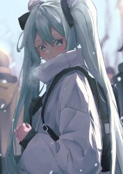 Rule 34 | 1girl, absurdres, backpack, bag, black gloves, black ribbon, blue eyes, blue hair, blurry, blush, breath, coat, cold, covered mouth, day, depth of field, dot nose, from side, gloves, hair between eyes, hair ornament, hair ribbon, hatsune miku, highres, long hair, long sleeves, looking at viewer, no renor en, outdoors, people, pom pom (clothes), pom pom hair ornament, puffy long sleeves, puffy sleeves, ribbon, sidelocks, single glove, snowing, solo focus, twintails, upper body, very long hair, vocaloid, white coat, winter, winter clothes, winter coat