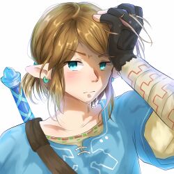 Rule 34 | 1boy, absurdres, bandaged arm, bandages, black gloves, blue eyes, blue shirt, blush, closed mouth, collarbone, earrings, fingerless gloves, gloves, highres, jewelry, link, male focus, nintendo, pointy ears, shirt, short ponytail, simple background, solo, sword, the legend of zelda, the legend of zelda: breath of the wild, undershirt, upper body, weapon, weapon on back, white background, yu chieh