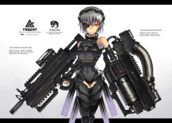 Rule 34 | 1girl, dual wielding, eyepatch, gia, gun, highres, holding, original, red eyes, rifle, short hair, silver hair, simple background, solo, suppressor, weapon