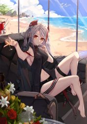 Rule 34 | 1girl, absurdres, antenna hair, azur lane, bare legs, beach, belt, bird, black jacket, black shirt, black shorts, blouse, blue sky, blurry, blush, breasts, brown eyes, chair, cloud, couch, cup, cupping glass, day, depth of field, drinking glass, finger to mouth, flower, full body, hair between eyes, headgear, highres, holding, holding cup, indoors, innertube, jacket, jacket on shoulders, knee up, large breasts, lily (flower), long hair, looking at viewer, mole, mole on breast, multicolored hair, necktie, ocean, page&#039;as, palm tree, print necktie, prinz eugen (azur lane), red hair, ribbon, sand, seagull, shirt, short shorts, shorts, silver hair, sitting, sky, sleeveless, sleeveless shirt, smile, solo, streaked hair, swim ring, thigh strap, tree, two side up, very long hair, wine glass