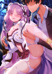 Rule 34 | 1boy, 1girl, bare shoulders, black hair, black jacket, blush, breasts, breasts out, collarbone, dress, dress shirt, euryale (fate), euryale (lostroom outfit) (fate), fate/grand order, fate/hollow ataraxia, fate (series), frilled hairband, frills, fujimaru ritsuka (male), gloves, grey gloves, hairband, highres, jacket, leg lift, long hair, looking at viewer, lostroom outfit (fate), m-da s-tarou, nipples, open mouth, panties, parted bangs, purple eyes, purple hair, shirt, short hair, sidelocks, slit pupils, small breasts, smile, spread legs, stheno (fate), twintails, underwear, very long hair, white dress, white panties, white shirt