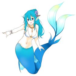 Rule 34 | 1girl, :d, bad id, bad twitter id, bikini, blue eyes, blue hair, breasts, cleavage, fins, hair between eyes, hair ornament, head fins, highres, jewelry, long hair, looking at viewer, mermaid, monster girl, navel, necklace, open mouth, original, ponytail, simple background, smile, solo, suruga (xsurugax), swimsuit, white background, white bikini, wristband
