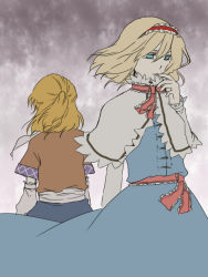 Rule 34 | 2girls, alice margatroid, arm warmers, back, blonde hair, blue dress, blue eyes, brown shirt, capelet, dress, female focus, finger to mouth, frilled hairband, frilled sleeves, frills, hairband, half updo, long sleeves, mizuhashi parsee, multiple girls, red hairband, sash, shirt, short hair, short sleeves, torinone, touhou
