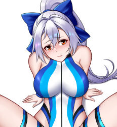 Rule 34 | absurdres, bare shoulders, blue bow, blue one-piece swimsuit, blush, bow, breasts, collarbone, fate/grand order, fate (series), grey hair, hair bow, head tilt, highleg, highleg swimsuit, highres, large breasts, looking at viewer, looking up, multicolored clothes, multicolored swimsuit, oirin, one-piece swimsuit, red eyes, sitting, spread legs, swimsuit, tomoe gozen (fate), tomoe gozen (swimsuit saber) (fate), tomoe gozen (swimsuit saber) (first ascension) (fate), turtleneck, turtleneck one-piece swimsuit, two-tone swimsuit, white one-piece swimsuit