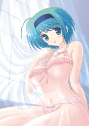 Rule 34 | 00s, 1girl, :p, ahoge, aqua hair, blue eyes, blush, bow, bow panties, breasts, chemise, green hair, hairband, kishi nisen, large breasts, lingerie, nipples, no bra, panties, pink panties, see-through, short hair, sitting, solo, to heart (series), to heart 2, tongue, tongue out, underwear, yoshioka chie
