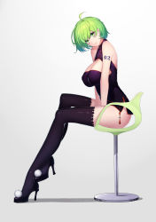 Rule 34 | 1girl, absurdres, ahoge, arms between legs, bare shoulders, breasts, chair, chinese clothes, cleavage cutout, clothing cutout, covered erect nipples, english text, female focus, full body, gradient background, green eyes, green hair, high heels, highres, large breasts, looking at viewer, made in china, matching hair/eyes, original, rekaerb maerd, short hair, simple background, sitting, smile, solo, thighhighs