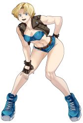 Rule 34 | 1girl, blonde hair, blue eyes, capcom, cutoffs, final fight, final fight 3, fingerless gloves, full body, gloves, highres, leaning forward, lucia morgan, midriff, oggy (oggyoggy), open mouth, shoes, short hair, shorts, sneakers, solo, strapless, street fighter, transparent background, tube top, vest