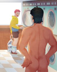Rule 34 | 2boys, ass, back, black hair, blue hoodie, blush, brown shorts, bulge, checkered floor, clothed male nude male, completely nude, dark-skinned male, dark skin, day, embarrassed, erection, erection under clothes, from behind, gaydio zrong, hands on own hips, highres, hood, hood down, hoodie, indoors, laundry, long sleeves, looking at another, male focus, multicolored clothes, multicolored hoodie, multiple boys, nude, open mouth, original, pink hair, shadow, short hair, shorts, standing, washing machine, white hoodie, window, yaoi, yellow hoodie
