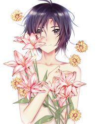 Rule 34 | 1girl, antenna hair, bad id, bad pixiv id, black eyes, flower, flower request, hachiware, highres, idolmaster, idolmaster (classic), kikuchi makoto, looking at viewer, messy hair, simple background, smile, solo, topless, white background