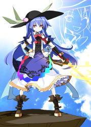 Rule 34 | 1girl, alternate costume, black gloves, black hat, black shirt, blue hair, blue sky, boots, bow, bowtie, brown footwear, cloud, commentary request, cross-laced footwear, day, fingerless gloves, food, frilled skirt, frills, fruit, full body, gloves, hair between eyes, hat, hat leaf, hinanawi tenshi, holding, holding weapon, jacket, lace-up boots, long hair, peach, puffy short sleeves, puffy sleeves, red bow, red bowtie, red eyes, shiki (gjmatpw), shirt, short sleeves, skirt, sky, smile, solo, standing, sword of hisou, touhou, weapon, white jacket, white skirt