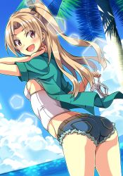 Rule 34 | 1girl, alternate costume, ass, azur lane, blonde hair, blue shorts, blue sky, blush, breasts, cleveland (azur lane), collared shirt, commentary request, cowboy shot, cutoffs, day, denim, denim shorts, green shirt, high heels, highres, holding, holding shoes, long hair, looking at viewer, looking back, macaroni hourensou, ocean, one side up, open clothes, open mouth, open shirt, outdoors, palm tree, red eyes, shirt, shoes, unworn shoes, short shorts, short sleeves, shorts, sideboob, sky, small breasts, smile, solo, standing, tree, white footwear