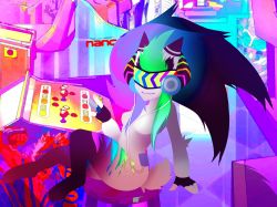 Rule 34 | 1girl, arcade, arcade (league of legends), rabbit, colored skin, cyber, dollachan, fingerless gloves, gloves, headphones, highres, kindred (league of legends), league of legends, multicolored hair, rainbow, tail, technology, white skin