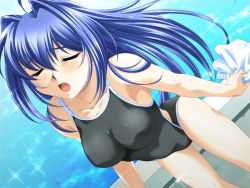 Rule 34 | 00s, 1girl, baka ouji persia, blue hair, casual one-piece swimsuit, competition school swimsuit, dutch angle, closed eyes, game cg, hair intakes, hayase mitsuki, impossible clothes, impossible swimsuit, kimi ga nozomu eien, leaning forward, long hair, one-piece swimsuit, open mouth, pool, school swimsuit, solo, sparkle, swimsuit, towel, wallpaper, wet