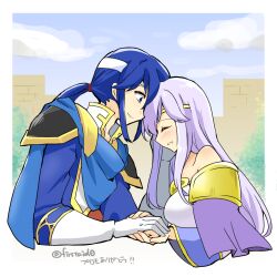 Rule 34 | 1boy, 1girl, bare shoulders, blue cape, blue eyes, breasts, brother and sister, cape, circlet, closed eyes, commentary request, fire emblem, fire emblem: genealogy of the holy war, gloves, headband, holding, holding hands, implied incest, jewelry, julia (fire emblem), leaning forward, long hair, medium breasts, nintendo, open mouth, outdoors, ponytail, purple cape, purple hair, seliph (fire emblem), siblings, white gloves, white headband, yukia (firstaid0)