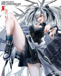 Rule 34 | 1girl, animal ears, anniversary, arknights, arm behind back, bare legs, bare shoulders, blue hair, breasts, center opening, china dress, chinese clothes, cleavage, commentary, copyright name, dress, english commentary, fang, feater (arknights), goro desu, hair over one eye, highres, holding, knee up, long bangs, multicolored hair, open mouth, panda ears, panda girl, panties, pantyshot, pointy nose, red eyes, shoes, signature, simple background, skin fang, sneakers, solo, streaked hair, thick thighs, thighs, two-tone hair, underwear, white background, white hair