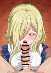 Rule 34 | 1boy, 1girl, bar censor, blonde hair, blush, breasts, censored, fellatio, fishnet socks, fishnets, hair over one eye, hetero, highres, jashin-chan dropkick, large breasts, long hair, looking at viewer, mumyou ishi, no shoes, open mouth, oral, penis, persephone (jashin-chan dropkick), pov, red eyes, smile, socks