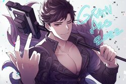Rule 34 | 1boy, belial (granblue fantasy), black hair, black jacket, closed mouth, english text, feather boa, granblue fantasy, highres, holding, jacket, kishire0324, large pectorals, male focus, muscular, muscular male, one eye closed, pectorals, red eyes, short hair, smile, solo, upper body