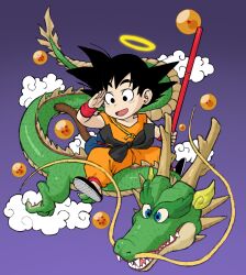 Rule 34 | black hair, child, cloud, dragon, dragon ball, dragon ball (object), halo, highres, open mouth, polearm, purple background, riding, simple background, smile, son goku, spiked hair, wabaki, weapon, wristband