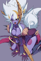 Rule 34 | 1girl, absurdres, all fours, bare shoulders, blonde hair, body markings, boots, breasts, cleavage, colored skin, duel monster, feet out of frame, fur trim, gloves, highres, large breasts, long hair, lunalight leo dancer, multicolored hair, naruyan mk-ii, open mouth, purple eyes, purple skin, solo, tail, white hair, yu-gi-oh!