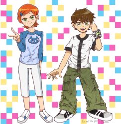 Rule 34 | 1boy, 1girl, artist name, ben 10, ben tennyson, brown hair, cargo pants, checkered background, clenched hand, commentary, cousins, danishi, green eyes, green pants, gwen tennyson, highres, omnitrix, open mouth, orange hair, pants, signature, smile, v, v-shaped eyebrows