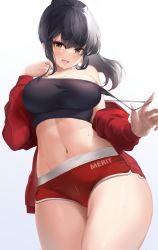 Rule 34 | 1girl, :d, bare shoulders, black hair, black shirt, breasts, brown eyes, camisole, cowboy shot, crop top, dolphin shorts, highres, jacket, large breasts, long hair, long sleeves, looking at viewer, midriff, navel, nine (kanine41), off shoulder, open clothes, open jacket, open mouth, original, ponytail, red jacket, red shorts, revealing clothes, shirt, short shorts, shorts, sidelocks, simple background, sleeveless, sleeveless shirt, smile, solo, spaghetti strap, standing, stomach, strap pull, sweat, thighs, white background