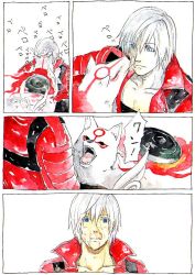Rule 34 | 1boy, amaterasu (ookami), blue eyes, bodypaint, capcom, clenched teeth, closed mouth, collarbone, comic, dante (devil may cry), devil may cry (series), expressionless, fire, hair between eyes, ippongui, jacket, kurosu, licking, licking another&#039;s face, marvel, marvel vs. capcom, marvel vs. capcom 3, ookami (game), open clothes, open jacket, parted lips, red jacket, saliva, silver hair, teeth, tongue, tongue out, translated, upper body, wet, wolf