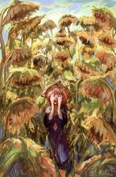 Rule 34 | 1girl, artist name, black dress, blue dress, covering own eyes, day, dress, facing viewer, fate/grand order, fate (series), flower, hands up, highres, medium hair, open mouth, outdoors, red hair, screaming, solo, sunflower, t0da, teeth, upper teeth only, van gogh (fate)