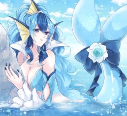 Rule 34 | 1girl, asame21, bad id, bad pixiv id, blue bow, blue eyes, blue flower, blue hair, blue nails, blue sky, bow, breasts, cleavage, creatures (company), day, artistic error, fins, flower, game freak, gen 1 pokemon, head fins, jewelry, large breasts, long hair, looking to the side, mermaid, monster girl, nail polish, necklace, nintendo, outdoors, pearl necklace, personification, pokemon, rock, scales, sky, solo, vaporeon, very long hair, water