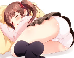 Rule 34 | 1girl, ass, black socks, blunt bangs, blush, brown hair, brown skirt, closed eyes, hair ribbon, hand up, head on pillow, idolmaster, idolmaster cinderella girls, legs, legs together, long sleeves, lying, mikan-ya, miniskirt, no shoes, ogata chieri, on side, open mouth, panties, pillow, pink sweater, plaid, plaid skirt, pleated skirt, red ribbon, ribbon, simple background, skirt, sleeping, socks, solo, sweater, thighs, twintails, underwear, white background, white panties