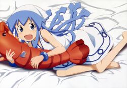 Rule 34 | 1girl, armlet, bare shoulders, barefoot, bed sheet, blue bracelet, blue eyes, blue hair, body pillow, bracelet, dress, hat, highres, holding, ikamusume, jewelry, legs, long hair, looking at viewer, lying, mini person, minigirl, non-web source, official art, on side, on stomach, open mouth, pillow, shinryaku! ikamusume, shrimp, smile, solo, tentacle hair, tentacles, toes, white dress, white hat