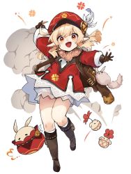 Rule 34 | 1girl, backpack, bag, blonde hair, bloomers, boots, brown bag, brown footwear, brown gloves, cabbie hat, commentary request, deitaku, dodoco (genshin impact), dress, explosion, full body, genshin impact, gloves, hat, highres, klee (genshin impact), knee boots, kneehighs, long sleeves, low twintails, open mouth, orange eyes, outstretched arms, pointy ears, puffy long sleeves, puffy shorts, puffy sleeves, red dress, red hat, shorts, shorts under skirt, simple background, smile, socks, solo, twintails, underwear, white background, white bloomers, white socks