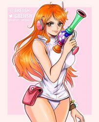 Rule 34 | 1girl, adapted costume, alternate costume, artist name, artist request, bare legs, bare shoulders, bracelet, breasts, curvy, gradient background, gun, headphones, highleg, highleg leotard, highres, holding, holding gun, holding weapon, jewelry, large breasts, leotard, long hair, looking at viewer, nami (one piece), nami (one piece) (egghead), official alternate costume, one piece, orange eyes, orange hair, pink footwear, revealing clothes, science fiction, shiny skin, shoulder tattoo, simple background, solo, tattoo, thighs, thong leotard, weapon, white leotard, wide hips