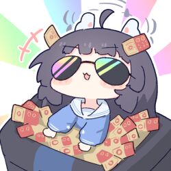 Rule 34 | 1girl, ahoge, animal ears, aviator sunglasses, black hair, blue archive, blue shirt, blush stickers, chibi, commentary request, grey halo, halo, in trash can, long hair, long sleeves, meal tickets, miyu (blue archive), no nose, rabbit ears, sailor collar, shirt, solo, sunglasses, umihio, upper body, white background, white sailor collar